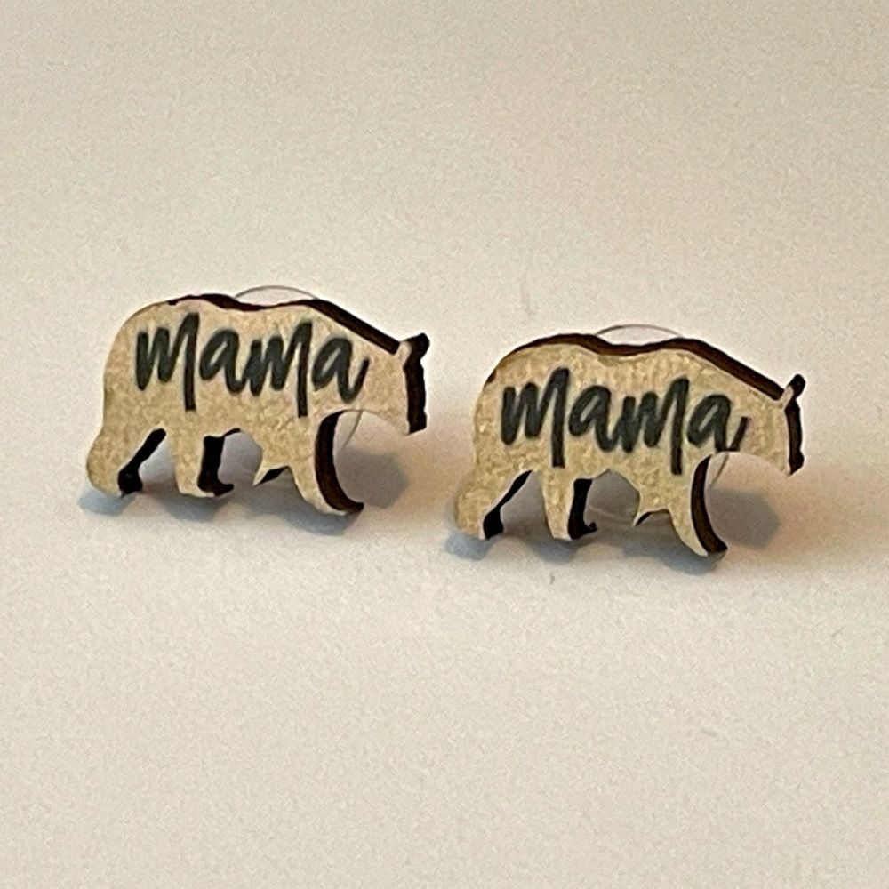 Mama bear wood earrings wooden mother mom stud studs new gift